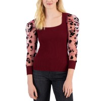 Crave Fame Juniors’ Square-Neck Velvet-Flocked Sweater, Burgundy, Medium