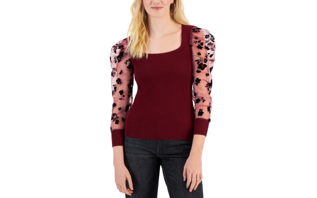  Juniors’ Square-Neck Velvet-Flocked Sweater, Burgundy, Medium