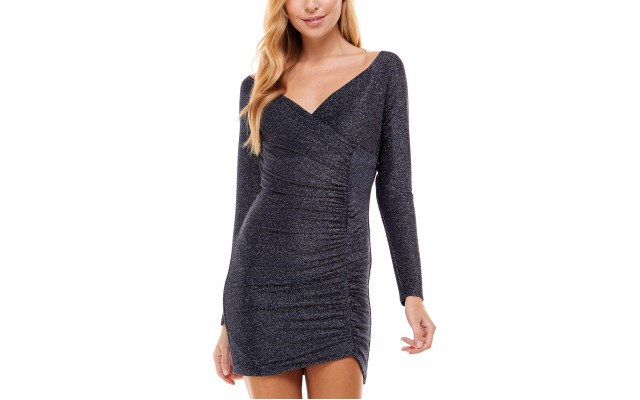  Juniors’ Ruched Glitter Dress, Black/Silver, 7