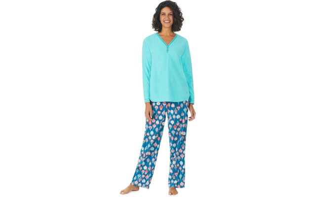  Microfleece Long Sleeve Henley Top 2-Pc Pajama Set, Teal, X-Large