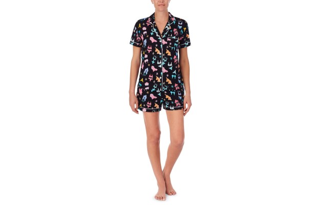  Printed Knit Shorts Pajama Set, Black, A Or Small