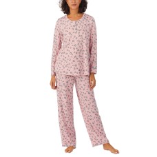 Cuddl Duds Women’s 2-Pc. Brushed Sweater Knit Printed Long-Sleeve Pajamas Set – Pink Print, Small