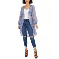 Derek Heart Juniors’ Button-Waist Blouson-Sleeve Kimono, Blue, Large