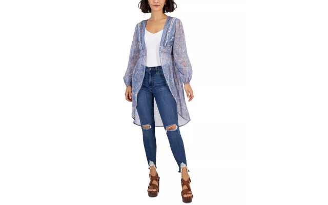  Juniors’ Button-Waist Blouson-Sleeve Kimono, Blue, Large