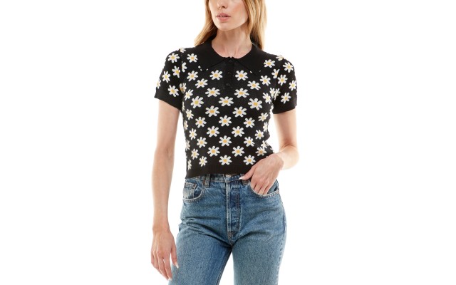  Juniors Groovy Printed Short Sleeve Sweater Polo, Black/White, Small
