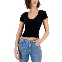 Derek Heart Juniors’ Lettuce-Trim Seamless V-Neck Top, Black, Small