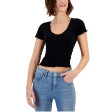 Derek Heart Juniors’ Lettuce-Trim Seamless V-Neck Top, Black, Small
