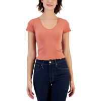 Derek Heart Juniors’ Lettuce-Trim Seamless V-Neck Top, Brick Dust, Large