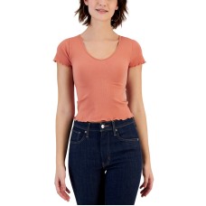 Derek Heart Juniors’ Lettuce-Trim Seamless V-Neck Top, Brick Dust, Large