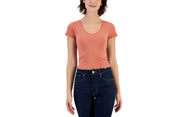  Juniors’ Lettuce-Trim Seamless V-Neck Top, Brick Dust, Large