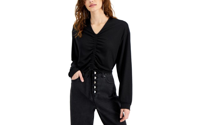  Juniors’ Ruched Cropped Top, Black/XL