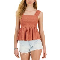 Derek Heart Juniors’ Square-Neck Smocked Sleeveless Peplum Top, Brick Dust, Large