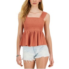 Derek Heart Juniors’ Square-Neck Smocked Sleeveless Peplum Top, Brick Dust, Large