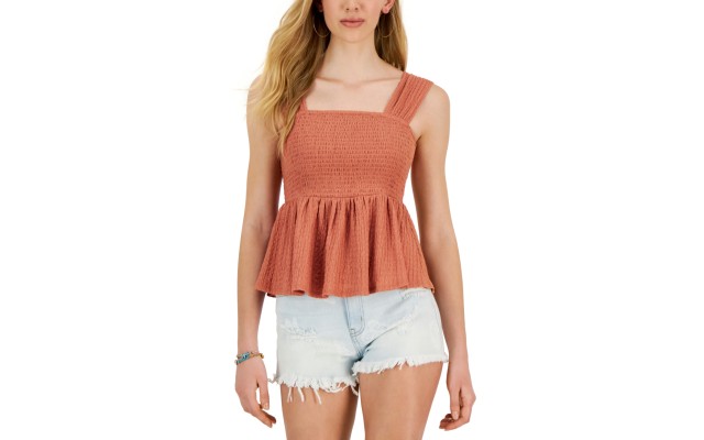  Juniors’ Square-Neck Smocked Sleeveless Peplum Top, Brick Dust, Large