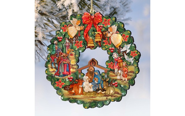 Designocracy Nativity Wreath Wooden Ornaments Set of 2