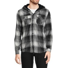 Distortion Men’s Plaid Faux Shearling Lined Hooded Shacket, Black, X-Large