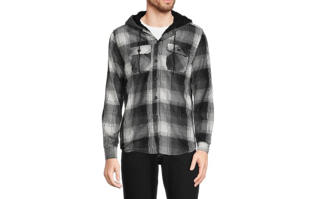  Men’s Plaid Faux Shearling Lined Hooded Shacket, Black, X-Large