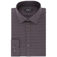 DKNY Men’s Slim-Fit Performance Stretch Wrinkle-Resistant Check Dress Shirts, Hearth, 17x34-35