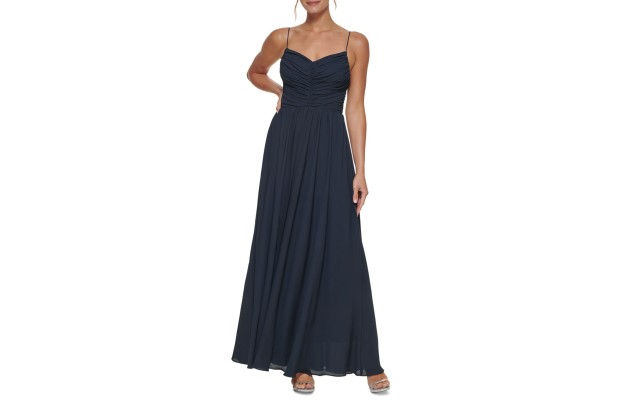  Ruched-Bodice Gown Dress, Navy, 6