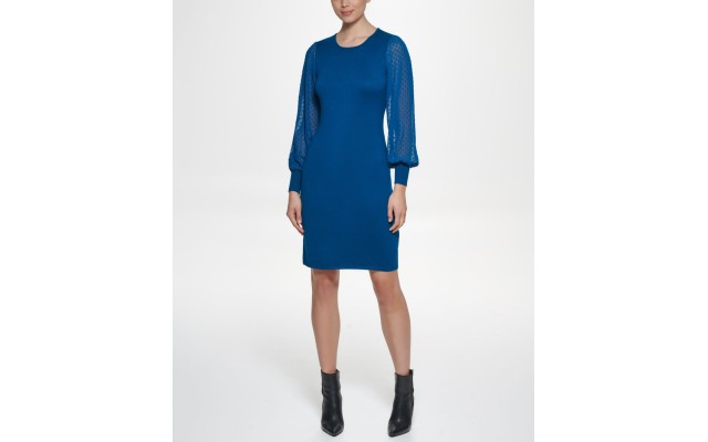  Womens Balloon-Sleeve Sheath Dress, Teal, Medium