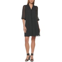 Dkny Womens Button Sleeve Trapeze Dress, Black/16