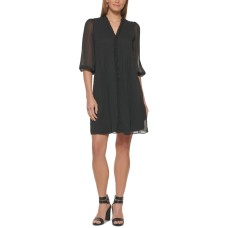 Dkny Womens Button Sleeve Trapeze Dress, Black/16