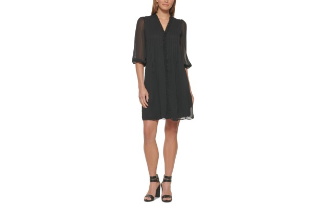  Womens Button Sleeve Trapeze Dress, Black/16