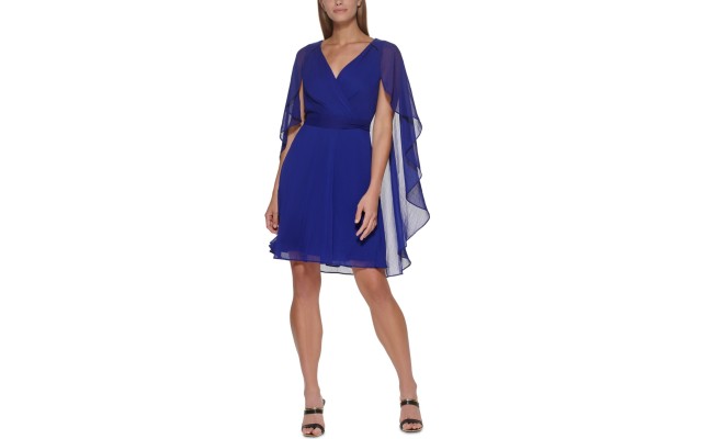  Womens Chiffon Cape-Back Dress, Blue/14