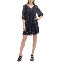 Dkny Womens Pleated Embroidered Dress, Midnight/8