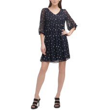 Dkny Womens Pleated Embroidered Dress, Midnight/8