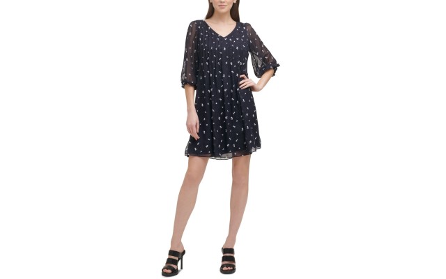  Womens Pleated Embroidered Dress, Midnight/8