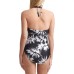  Womens Printed Adjustable Side Halter One-Piece Swimsuit, Black/White, 18