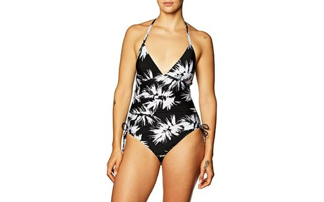  Womens Printed Adjustable Side Halter One-Piece Swimsuit, Black/White, 18