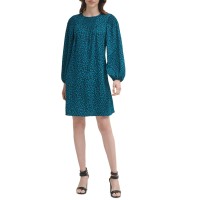Dkny Womens Smocked Floral Long Sleeve Round Neck Short Evening Shift Dress, Dark Green/2