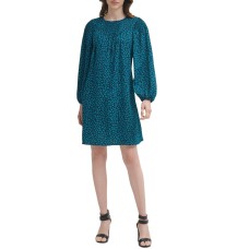 Dkny Womens Smocked Floral Long Sleeve Round Neck Short Evening Shift Dress, Dark Green/2