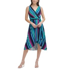 DKNY Women’s Striped Faux-Wrap Dress, Blue, Large