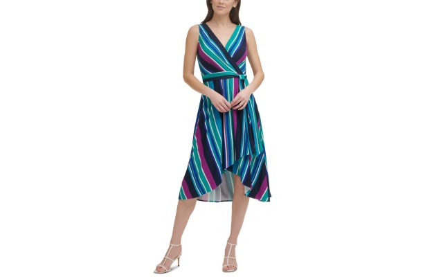  Women’s Striped Faux-Wrap Dress, Blue, Large