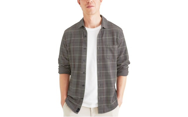  Men’s Slim-Fit Alpha Smart 360 Flex Stretch Check Long-Sleeve Shirt, Grey, XX-Large