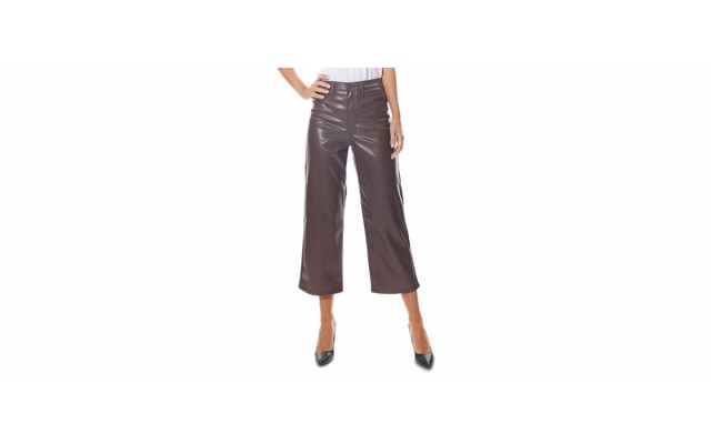  Cropped Vegan Leather Wide-Leg Pants, Chocolate, 3