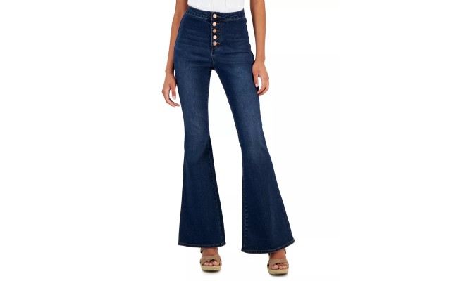  Juniors’ High-Rise Button-Fly Flare Jeans, Navy, 1