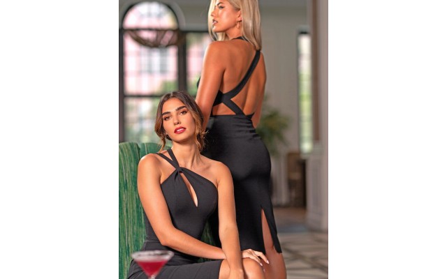  Eliseo Asymmetric Cutout One Shoulder Bodycon Midi Dress, Black, Small