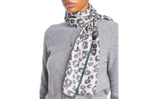 Leopard Print Silk Scarf, Gray, One Size