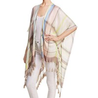 Echo Womens Marina Reversible Plaid Tassel Ruana Wrap, Beige
