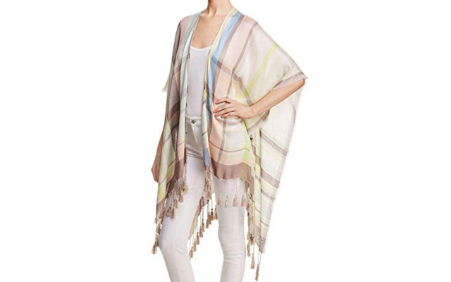  Womens Marina Reversible Plaid Tassel Ruana Wrap, Beige