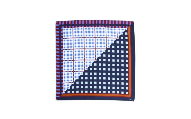  Womens Patchwork Plaid Silk Neckerchief, Navy, 21×21