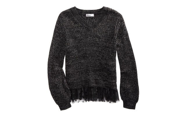  Big Girls Volume-Sleeve Layered-Look Sweater (Black, XL)