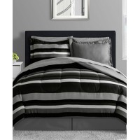 Fairfield Square Collection Austin Stripe/Solid Reversible 8 Pc. Comforter Set, Black, Queen