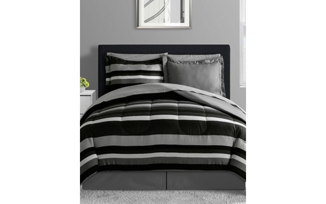  Austin Stripe/Solid Reversible 8 Pc. Comforter Set, Black, Queen