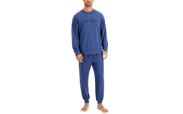 Matching Men's Crew Love Fleece Sweatshirt & Jogger Pants Family Pajama Set, Navy, Small