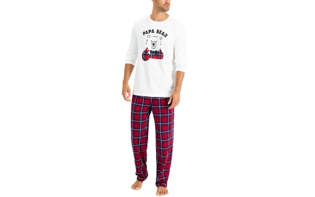  Matching Mens Papa Bear Novel Bear Plaid Pajama Set, Red, Small